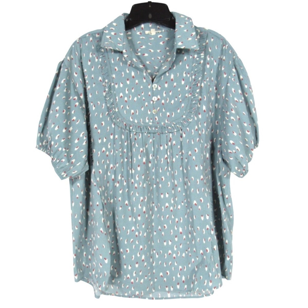 JODIFL Lightweight Sage Green CONFETTI PATTERN Ruffle Trim PLEATED Blouse/Top S
